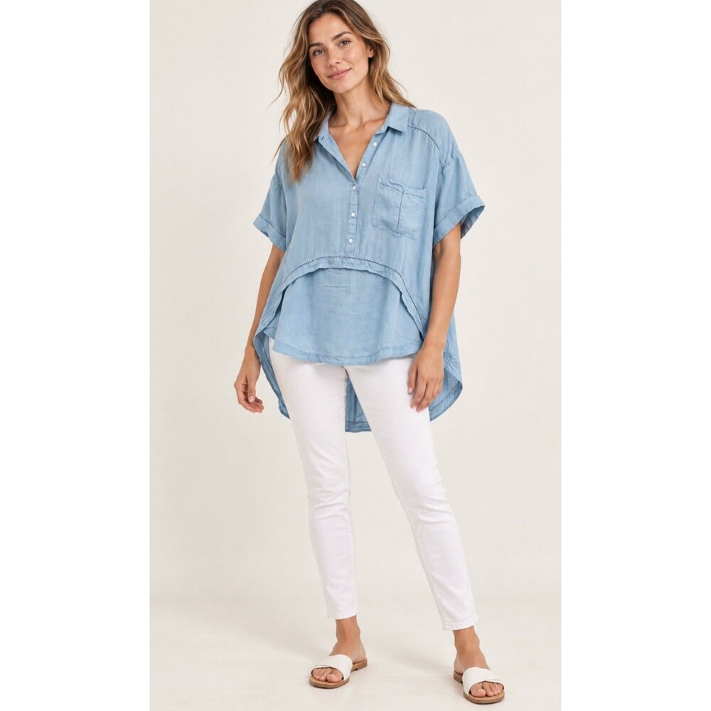 Free People Womens S Blue Linen Cotton Woven Short Sleeve Collared Tunic Blouse